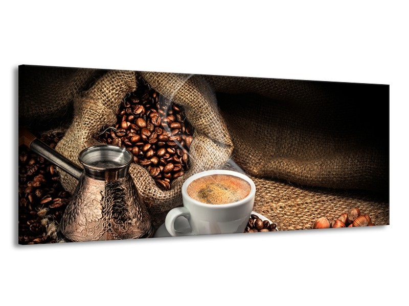 Canvas Schilderij Koffie, Keuken | Bruin, Geel, Wit | 145x58cm 1Luik