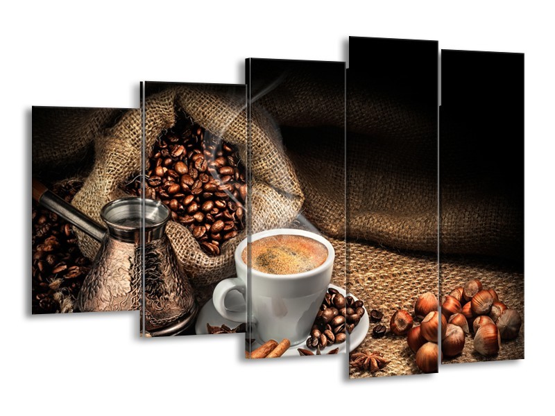 Canvas Schilderij Koffie, Keuken | Bruin, Geel, Wit | 150x100cm 5Luik