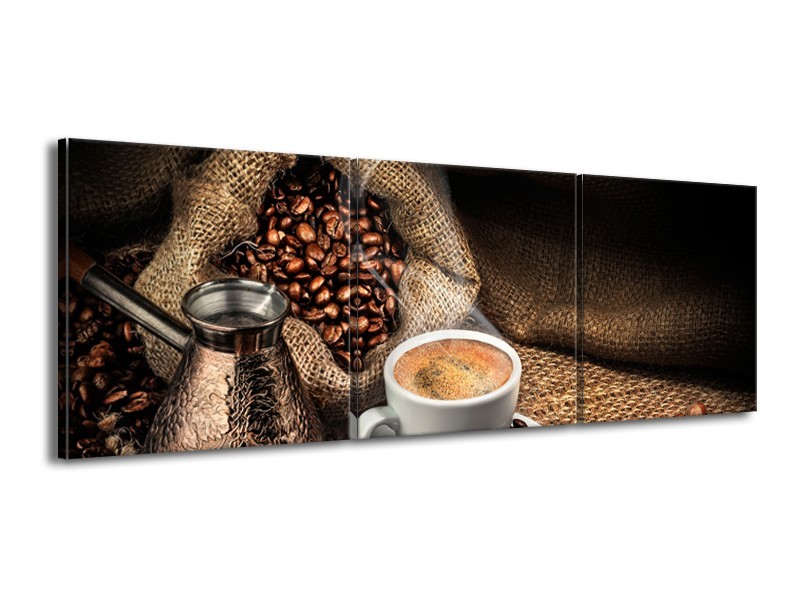 Glasschilderij Koffie, Keuken | Bruin, Geel, Wit | 150x50cm 3Luik