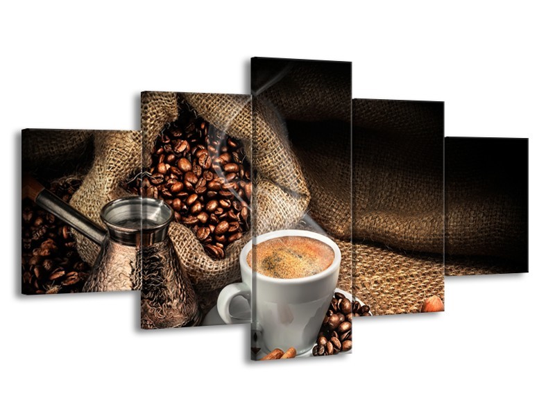 Canvas Schilderij Koffie, Keuken | Bruin, Geel, Wit | 150x80cm 5Luik