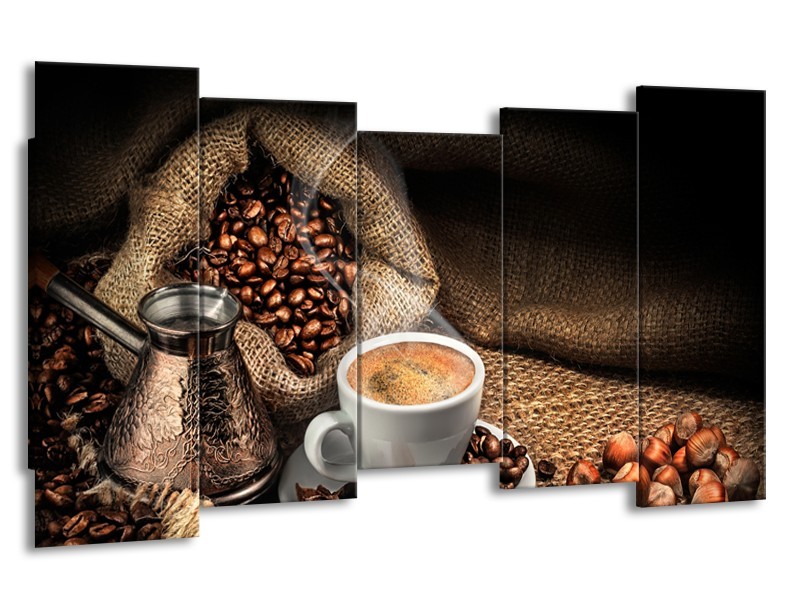 Canvas Schilderij Koffie, Keuken | Bruin, Geel, Wit | 150x80cm 5Luik