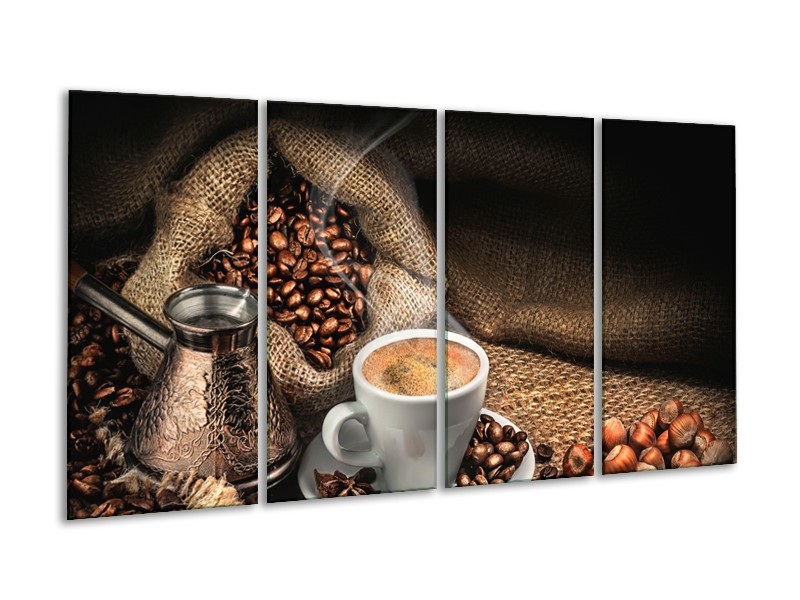 Canvas Schilderij Koffie, Keuken | Bruin, Geel, Wit | 160x80cm 4Luik