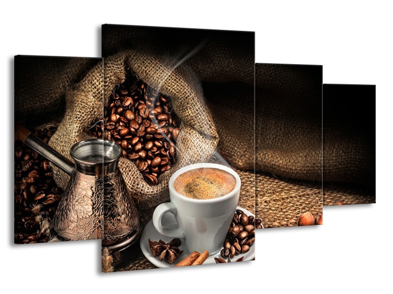 Canvas Schilderij Koffie, Keuken | Bruin, Geel, Wit | 160x90cm 4Luik