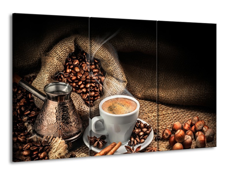 Canvas Schilderij Koffie, Keuken | Bruin, Geel, Wit | 165x100cm 3Luik