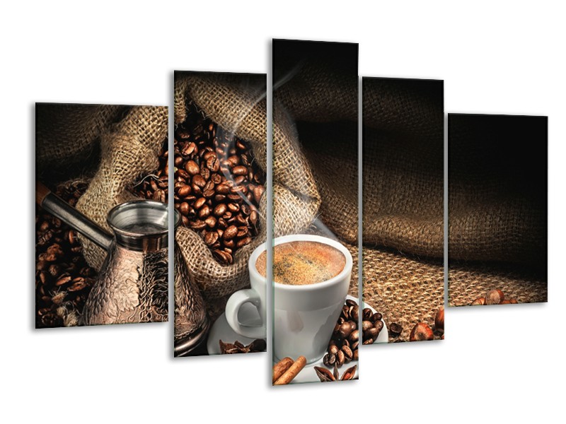 Canvas Schilderij Koffie, Keuken | Bruin, Geel, Wit | 170x100cm 5Luik