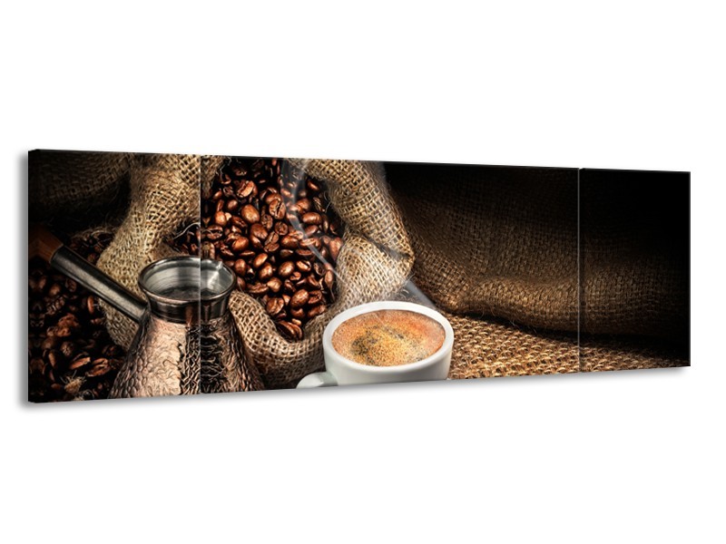 Canvas Schilderij Koffie, Keuken | Bruin, Geel, Wit | 170x50cm 3Luik