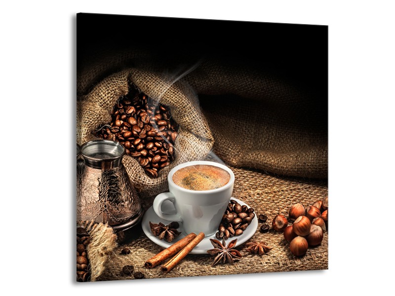 Canvas Schilderij Koffie, Keuken | Bruin, Geel, Wit | 50x50cm 1Luik