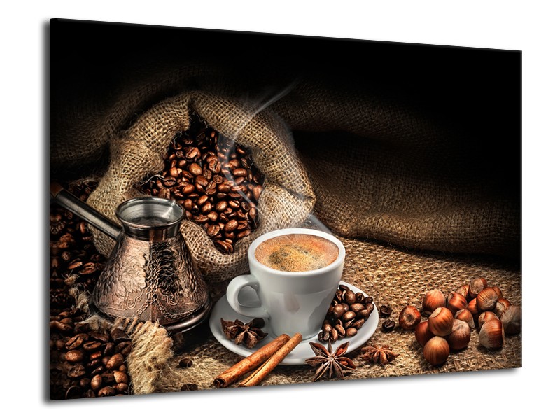 Canvas Schilderij Koffie, Keuken | Bruin, Geel, Wit | 70x50cm 1Luik