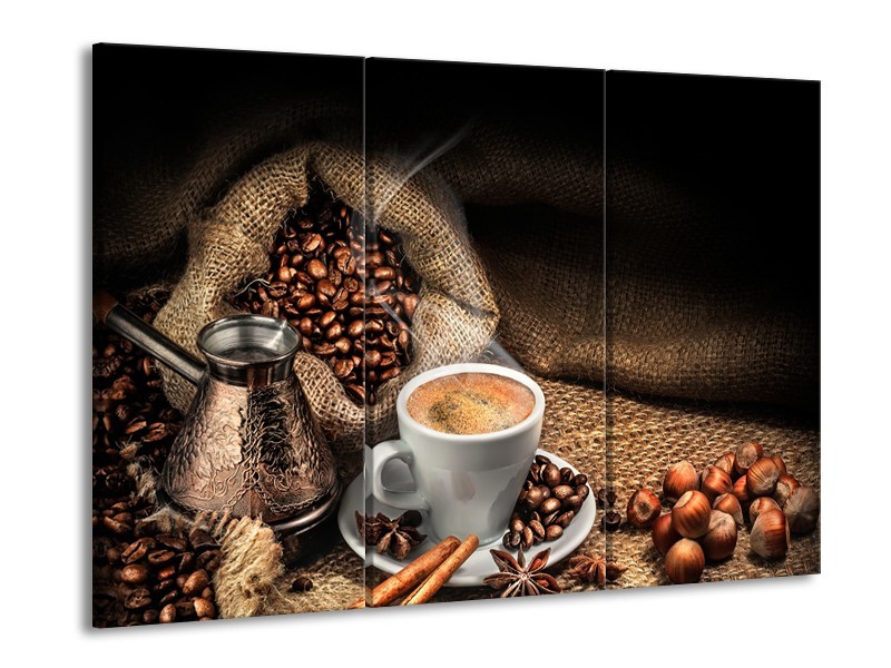 Glasschilderij Koffie, Keuken | Bruin, Geel, Wit | 60x90cm 3Luik