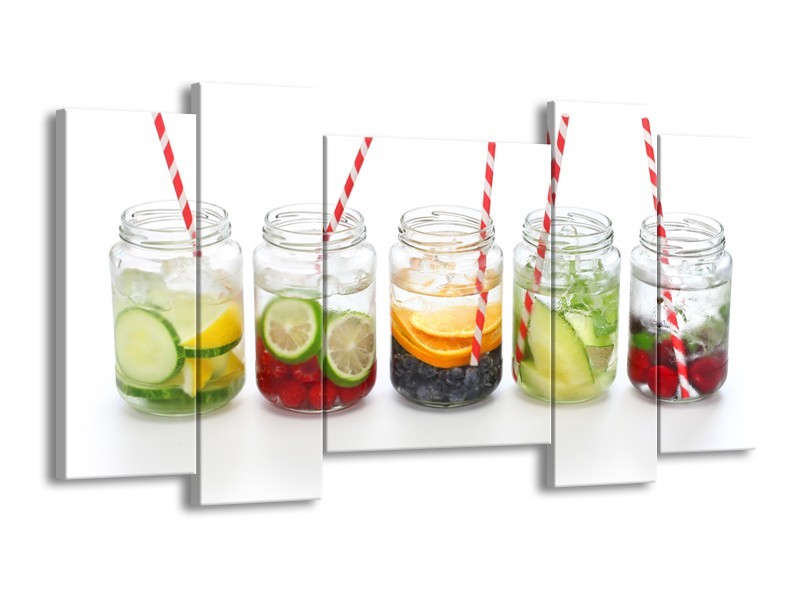 Canvas Schilderij Keuken, Drinken | Wit, Rood, Groen | 120x65cm 5Luik