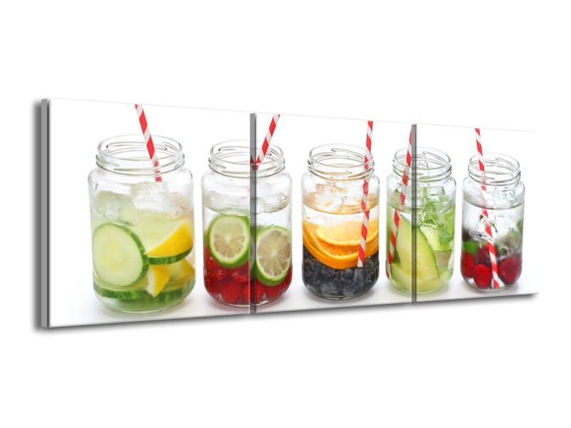 Glasschilderij Keuken, Drinken | Wit, Rood, Groen | 150x50cm 3Luik