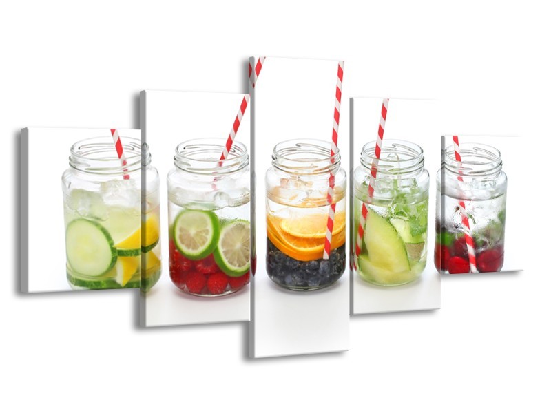 Canvas Schilderij Keuken, Drinken | Wit, Rood, Groen | 150x80cm 5Luik