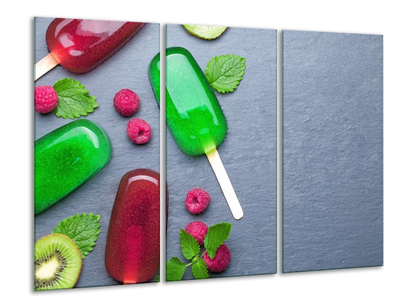 Canvas Schilderij Ijs, Fruit | Grijs, Rood, Groen | 120x80cm 3Luik