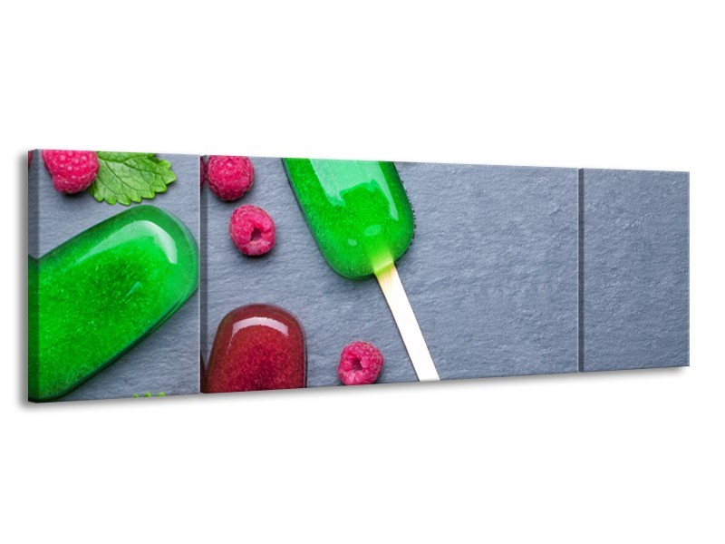 Canvas Schilderij Ijs, Fruit | Grijs, Rood, Groen | 170x50cm 3Luik