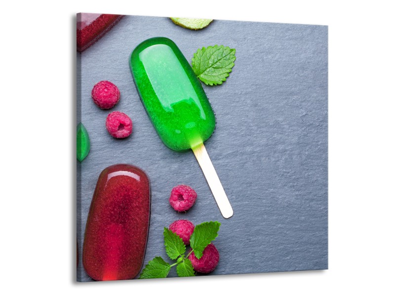 Glasschilderij Ijs, Fruit | Grijs, Rood, Groen | 50x50cm 1Luik