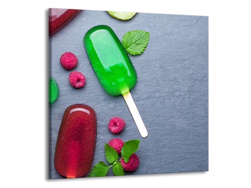 Glasschilderij Ijs, Fruit | Grijs, Rood, Groen | 70x70cm 1Luik
