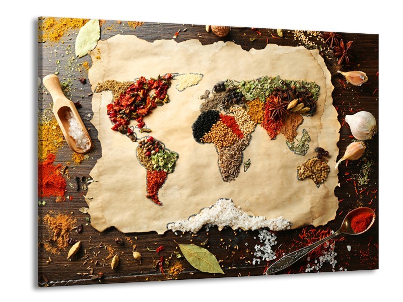 Canvas Schilderij Kruiden, Wereldkaart | Bruin, Crème | 100x70cm 1Luik
