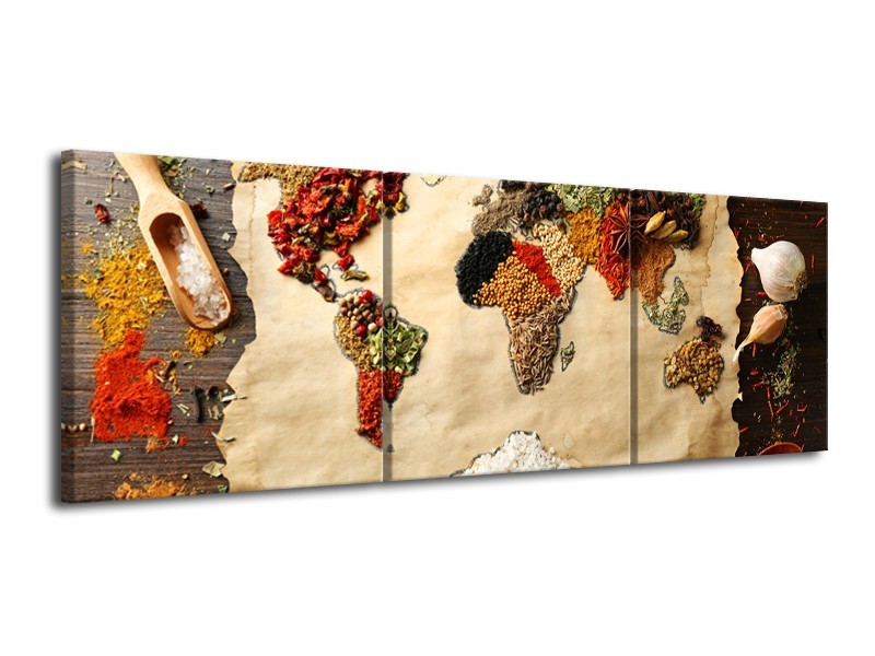 Canvas Schilderij Kruiden, Wereldkaart | Bruin, Crème | 120x40cm 3Luik