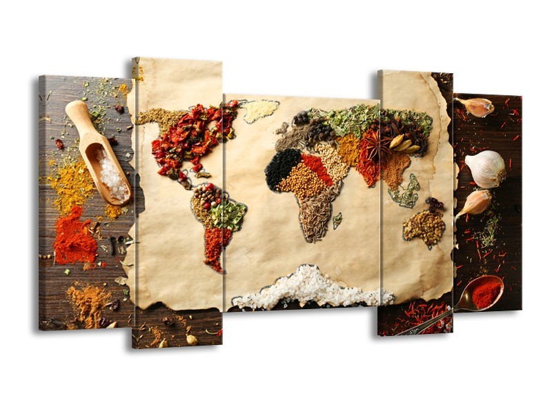 Canvas Schilderij Kruiden, Wereldkaart | Bruin, Crème | 120x65cm 5Luik