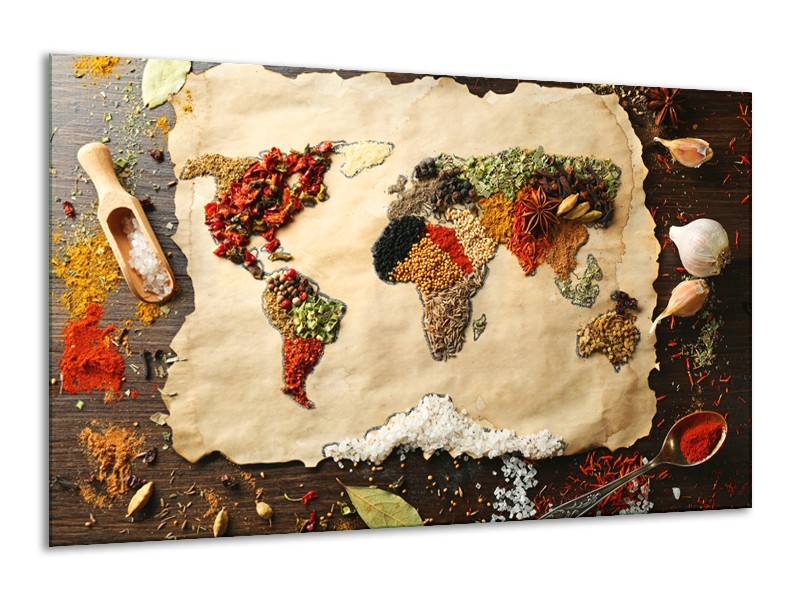 Canvas Schilderij Kruiden, Wereldkaart | Bruin, Crème | 120x70cm 1Luik