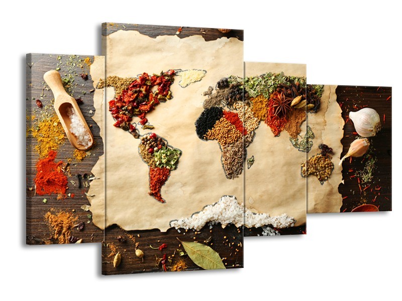 Canvas Schilderij Kruiden, Wereldkaart | Bruin, Crème | 120x75cm 4Luik