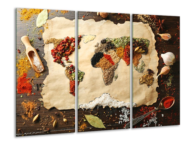 Glasschilderij Kruiden, Wereldkaart | Bruin, Crème | 120x80cm 3Luik