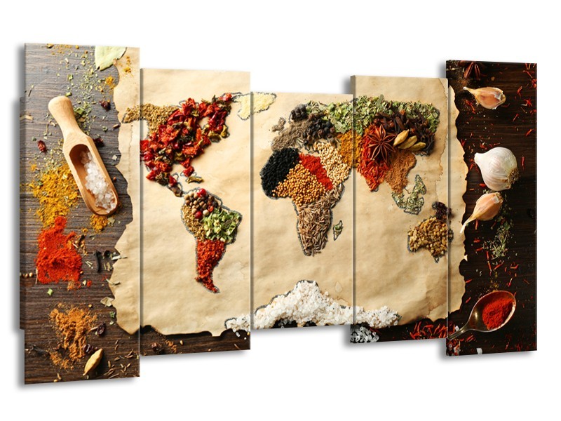 Glasschilderij Kruiden, Wereldkaart | Bruin, Crème | 150x80cm 5Luik