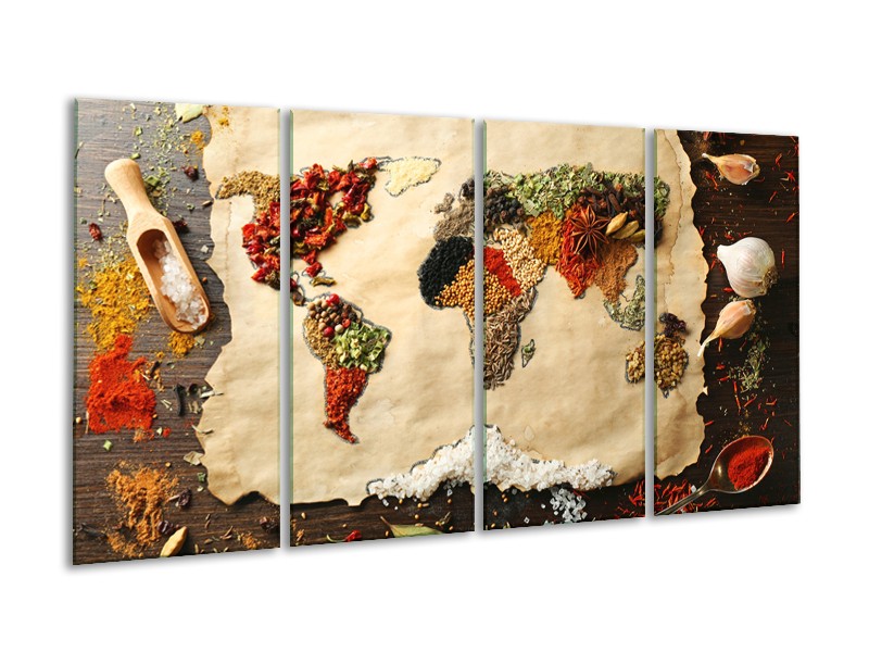 Canvas Schilderij Kruiden, Wereldkaart | Bruin, Crème | 160x80cm 4Luik
