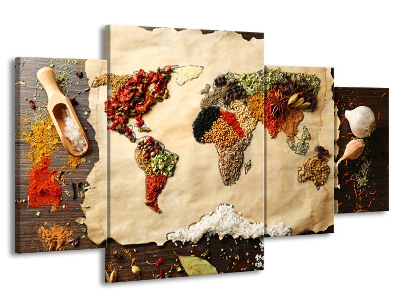 Glasschilderij Kruiden, Wereldkaart | Bruin, Crème | 160x90cm 4Luik