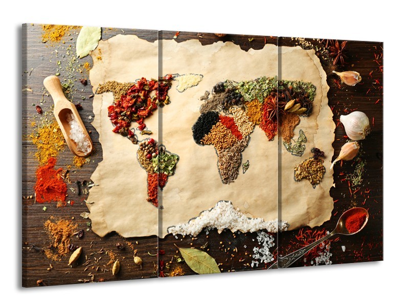 Canvas Schilderij Kruiden, Wereldkaart | Bruin, Crème | 165x100cm 3Luik