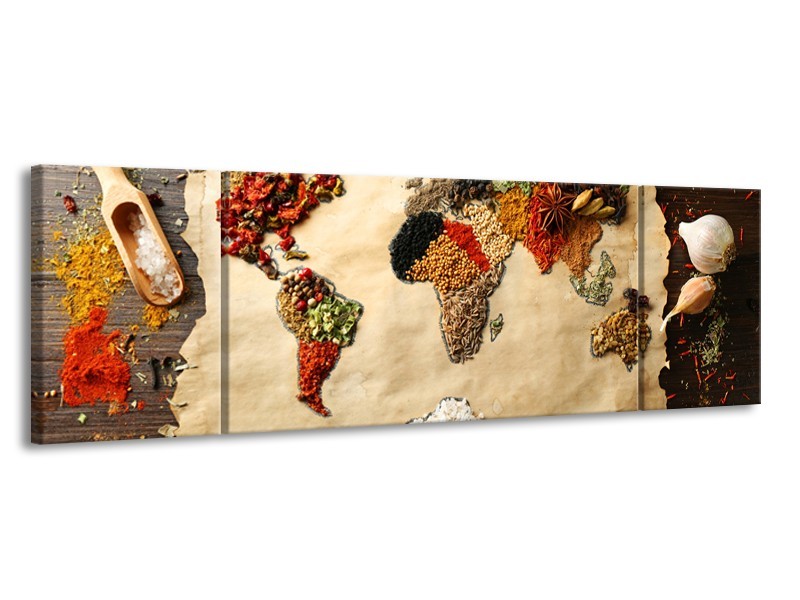 Canvas Schilderij Kruiden, Wereldkaart | Bruin, Crème | 170x50cm 3Luik