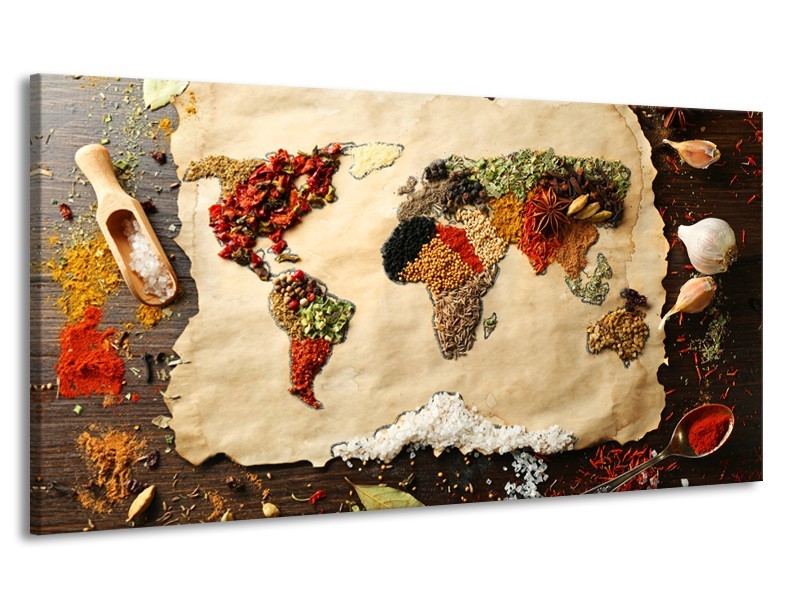 Canvas Schilderij Kruiden, Wereldkaart | Bruin, Crème | 170x90cm 1Luik