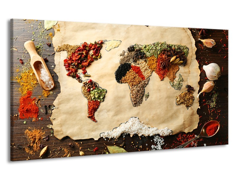 Canvas Schilderij Kruiden, Wereldkaart | Bruin, Crème | 190x100cm 1Luik