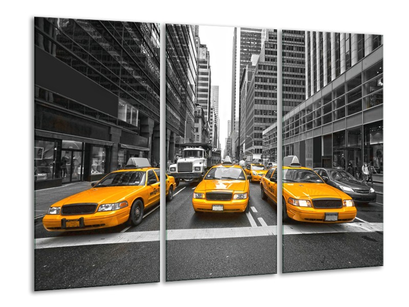 Canvas Schilderij New York, Auto | Geel, Zwart, Wit | 120x80cm 3Luik