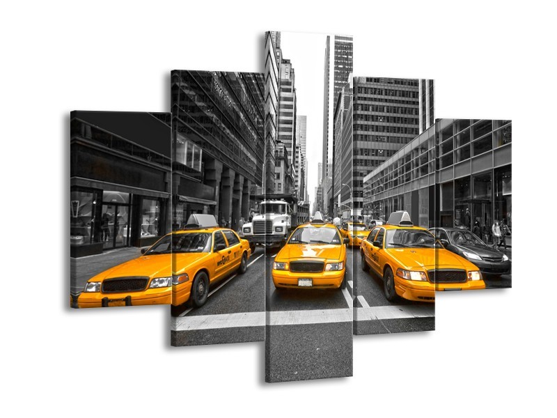 Canvas Schilderij New York, Auto | Geel, Zwart, Wit | 150x105cm 5Luik