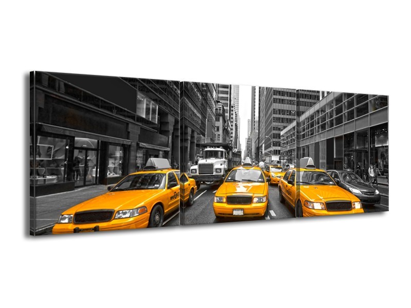 Canvas Schilderij New York, Auto | Geel, Zwart, Wit | 150x50cm 3Luik