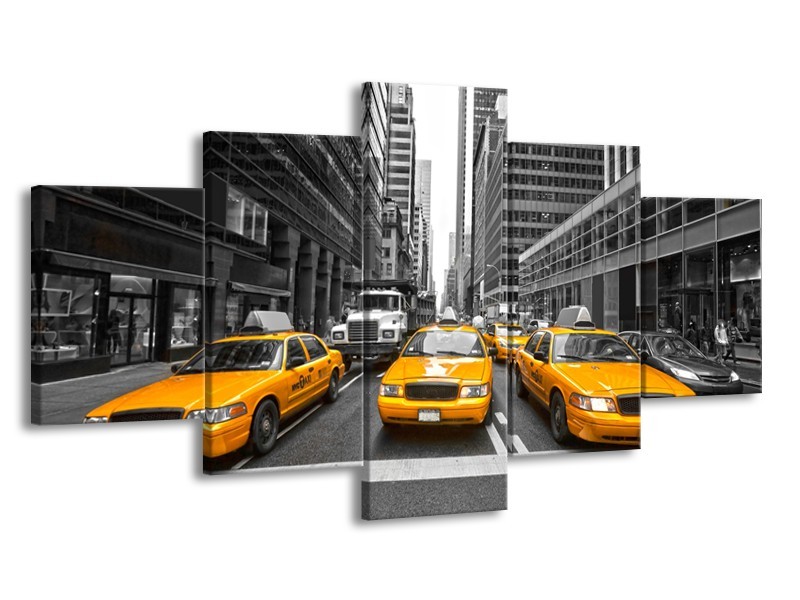 Glasschilderij New York, Auto | Geel, Zwart, Wit | 150x80cm 5Luik