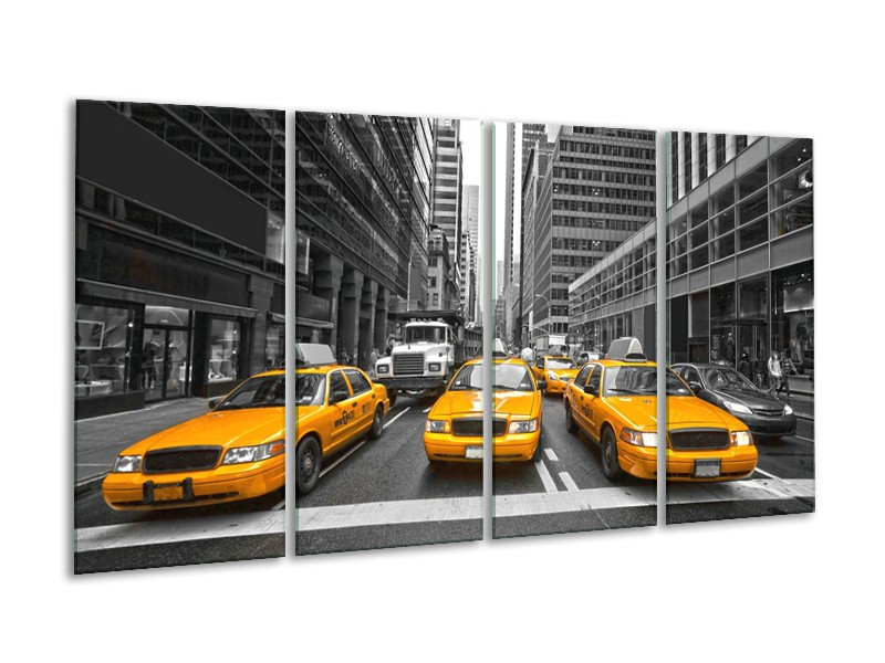 Canvas Schilderij New York, Auto | Geel, Zwart, Wit | 160x80cm 4Luik