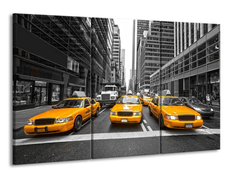 Canvas Schilderij New York, Auto | Geel, Zwart, Wit | 165x100cm 3Luik