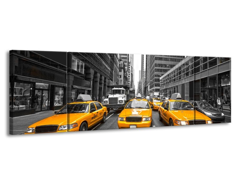 Canvas Schilderij New York, Auto | Geel, Zwart, Wit | 170x50cm 3Luik