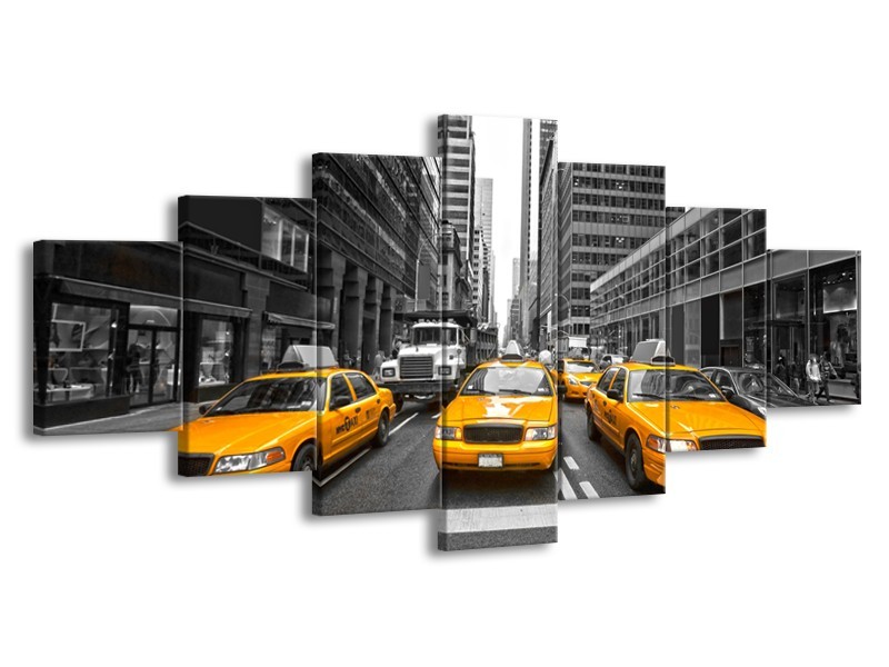 Canvas Schilderij New York, Auto | Geel, Zwart, Wit | 210x100cm 7Luik