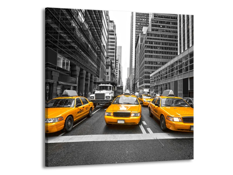 Glasschilderij New York, Auto | Geel, Zwart, Wit | 50x50cm 1Luik
