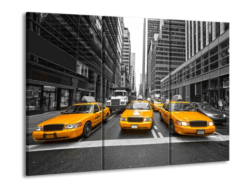 Canvas Schilderij New York, Auto | Geel, Zwart, Wit | 60x90cm 3Luik