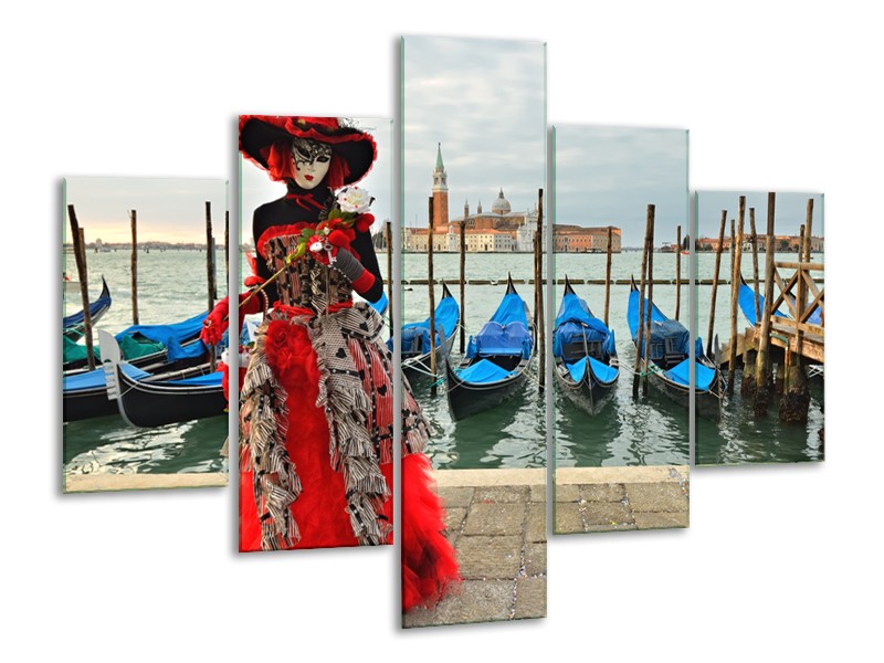 Canvas Schilderij Venetie, Masker | Rood, Blauw, Grijs | 100x70cm 5Luik