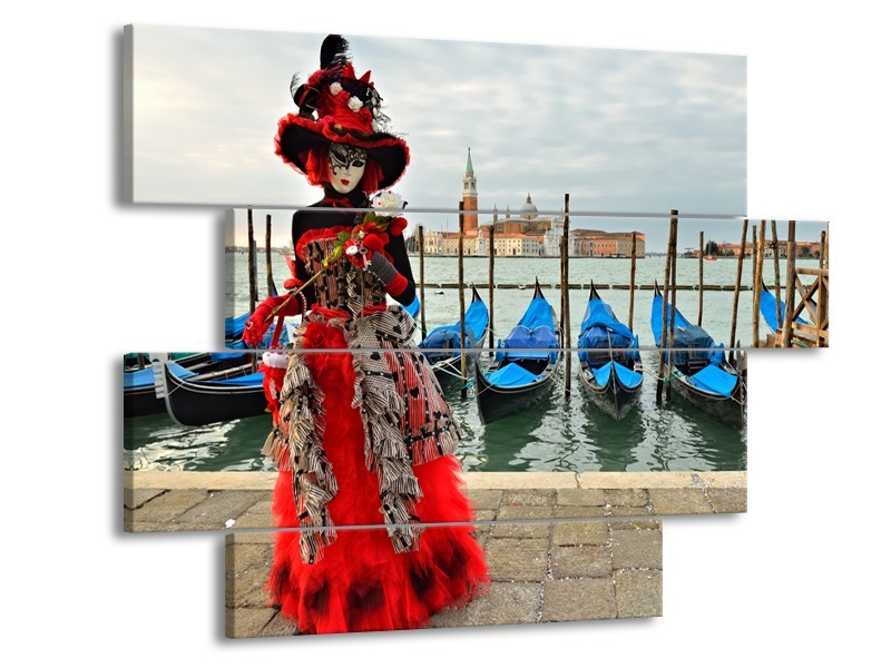 Glasschilderij Venetië, Masker | Rood, Blauw, Grijs | 115x85cm 4Luik