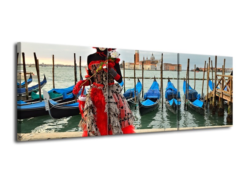 Glasschilderij Venetië, Masker | Rood, Blauw, Grijs | 120x40cm 3Luik