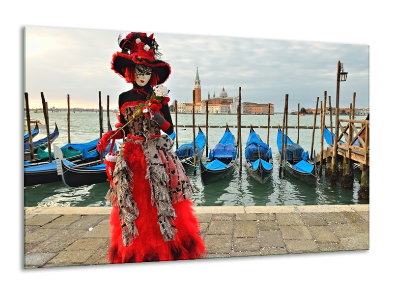 Glasschilderij Venetië, Masker | Rood, Blauw, Grijs | 120x70cm 1Luik