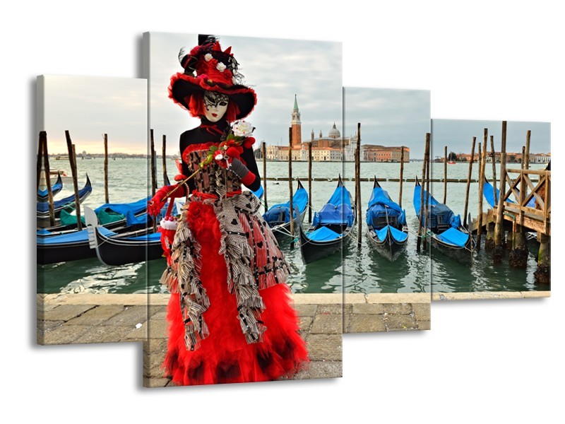 Glasschilderij Venetië, Masker | Rood, Blauw, Grijs | 120x75cm 4Luik