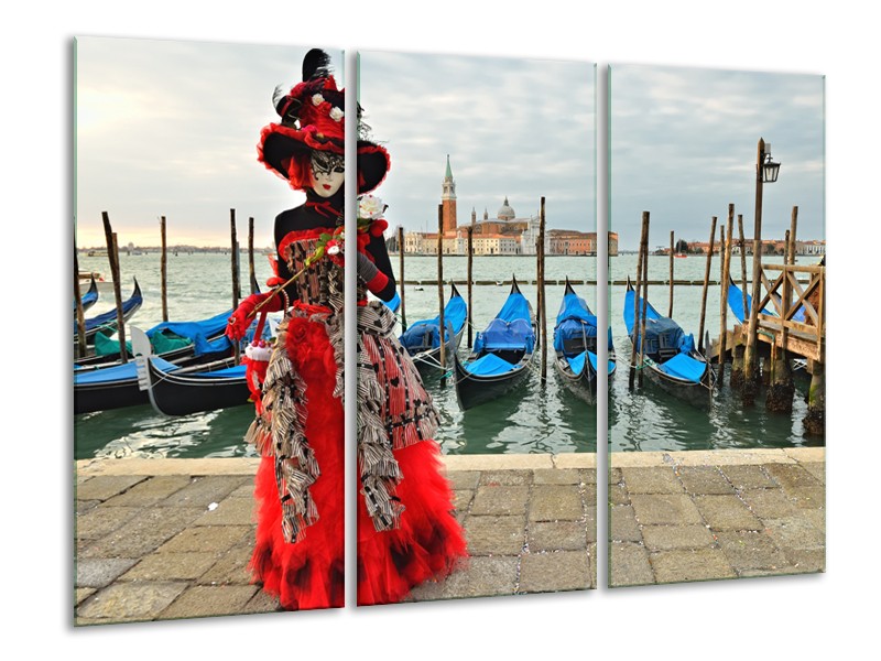 Glasschilderij Venetië, Masker | Rood, Blauw, Grijs | 120x80cm 3Luik