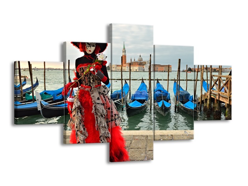 Glasschilderij Venetië, Masker | Rood, Blauw, Grijs | 125x70cm 5Luik